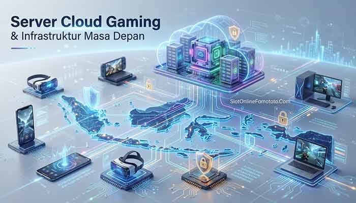 Ilustrasi server cloud gaming, data center, dan kecepatan akses tanpa lag